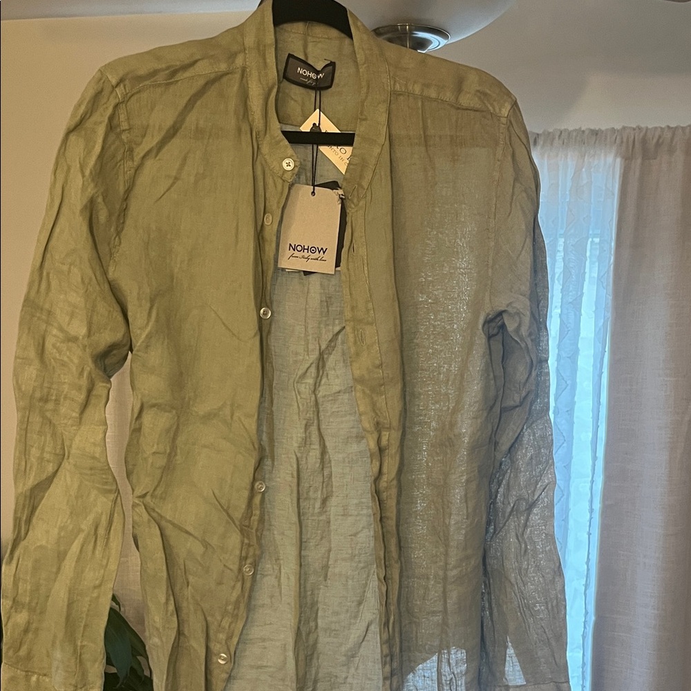 NoHow Men’s Olive Green Casual Band Collar Linen Button Down
